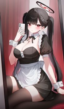 1girl apron arm_support black_dress black_hair black_halo black_thighhighs blue_archive blunt_bangs blush breasts bright_pupils cellphone cleavage closed_mouth commentary detached_collar dress frilled_apron frills full-length_mirror hair_ornament halo hand_up highres holding holding_phone large_breasts long_hair looking_at_mirror looking_at_viewer maid maid_apron millennium_science_school_logo mirror multicolored_halo neck_ribbon phone puffy_short_sleeves puffy_sleeves red_eyes reflection ribbon rio_(blue_archive) short_sleeves sitting smartphone solo thighhighs thighs twintails very_long_hair white_apron white_pupils white_wrist_cuffs wrist_cuffs yeohye_s2