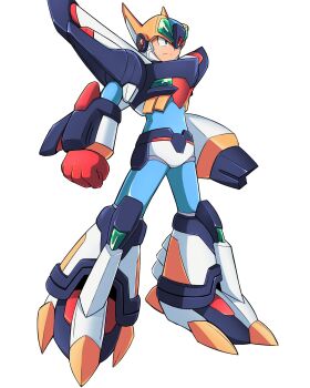 1boy arm_cannon armor black_armor clenched_hand closed_mouth falcon_armor_x_(mega_man) forehead_jewel full_body fusion gaea_armor_x_(mega_man) green_eyes helmet highres male_focus mega_man_(series) mega_man_x5 mega_man_x_(series) simple_background surrealmason weapon white_background x_(mega_man)