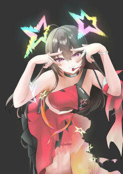 1girl absurdres black_background black_choker bracelet brown_hair character_name choker closed_mouth commentary commentary_request double_v earpiece english_commentary english_text goddess_of_victory:_nikke highres idol idol_clothes jewelry kozono long_hair looking_at_viewer mixed-language_commentary multiple_rings navel pink_eyes pretty_(nikke) red_skirt ring simple_background skirt smile solo star_(symbol) star_in_eye symbol_in_eye v
