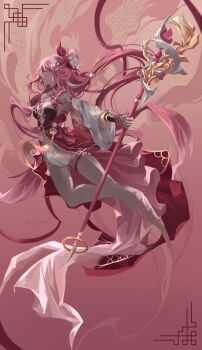 1girl absurdres barefoot bell breasts commentary detached_sleeves dress elf elysia_(herrscher_of_human:_ego)_(honkai_impact) elysia_(honkai_impact) elysia_(peachy_spring)_(honkai_impact) flower hair_bell hair_flower hair_ornament highres holding holding_staff honkai_(series) honkai_impact_3rd large_breasts long_sleeves looking_at_viewer meg_greeny520 official_alternate_costume pink_background pink_hair pointy_ears puffy_long_sleeves puffy_sleeves purple_eyes red_dress solo staff symbol-only_commentary thigh_strap thighs