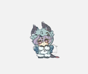 1boy blush_stickers boilmame bright_pupils character_costume chibi closed_mouth cosplay durin_(genshin_impact) dvalin_(genshin_impact) dvalin_(genshin_impact)_(cosplay) full_body genshin_impact horns kigurumi male_focus purple_eyes purple_hair simple_background solo tail twitter_username white_background