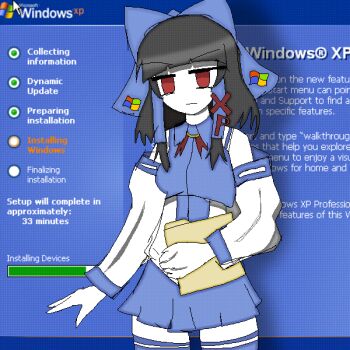 1girl aliasing alternate_costume black_hair blank_eyes blue_hairband blue_skirt check_copyright copyright_request cowboy_shot cursor folder frown furrowed_brow hairband hakurei_reimu holding holding_folder japanese_clothes microsoft_windows outstretched_arm personification red_eyes septemko serious skirt solo standing tagme thighhighs touhou windows_xp