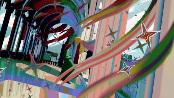 1boy 1girl arch architecture black_pants blonde_hair brown_hair dress full_body green_dress hat howl_no_ugoku_shiro howl_pendragon jacket jacket_on_shoulders leaning_forward long_dress looking_at_another pants shirt skirtsan sophie_hatter_(howl_no_ugoku_shiro) straw_hat white_shirt window