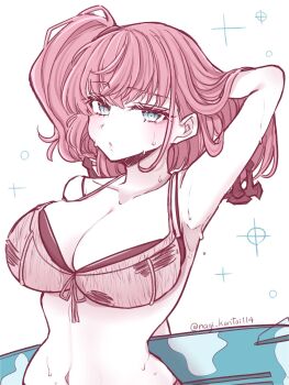Rule 34 | 1girl, anchor hair ornament, arm up, armpits, atlanta (kancolle), atlanta (swimsuit) (kancolle), bikini, breasts, cleavage, commentary request, hair ornament, hand in own hair, highres, kantai collection, large breasts, limited palette, looking at viewer, nagi kantai114, one-hour drawing challenge, parted lips, simple background, solo, sparkle, surfboard, swimsuit, twitter username, upper body, wet