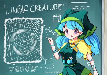 1girl apron aqua_hair aqua_ribbon arm_ribbon blue_hair chalk chalkboard classroom commentary cube dress english_commentary english_text flower gameplay_mechanics green_apron green_headscarf green_headwear haniyasushin_keiki headscarf highres holding jewelry laser leaning_forward long_hair looking_at_viewer magatama magatama_necklace necklace open_mouth otter pearl_necklace purple_eyes ribbon sachisudesu scoring single_strap solo standing talking tools touhou watermark wily_beast_and_weakest_creature writing yellow_dress