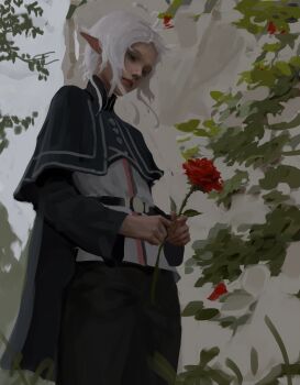 1girl aerith13 ahoge belt capelet cloak elf flat_chest flower grey_sky long_sleeves looking_down mushoku_tensei pants plant pointy_ears ranoa_magic_academy_school_uniform realistic rose school_uniform short_hair simple_background sky solo sylphiette_(mushoku_tensei) white_hair