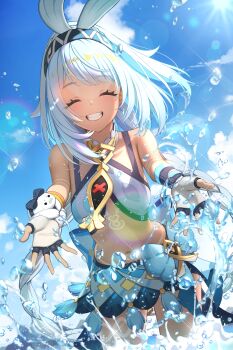 1girl :d bare_shoulders blue_hairband blue_skirt blue_sky body_markings braid closed_eyes cloud commentary_request cowboy_shot crop_top dark-skinned_female dark_skin fingerless_gloves genshin_impact glint gloves hairband highres kapa_draws lens_flare long_hair mualani_(genshin_impact) open_mouth partially_submerged skirt sky smile solo splashing stomach tan tanline teeth twin_braids two-tone_gloves white_gloves white_hair