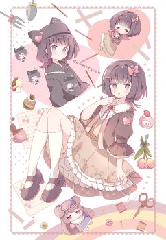 1girl :d absurdres black_hat black_shirt blush bow brown_eyes brown_hair brown_jacket brown_shoes brown_skirt chibi closed_mouth commentary commission dot_nose flower frilled_skirt frills full_body hair_bow hand_up hat highres jacket kneehighs looking_at_viewer mary_janes medium_hair multiple_views open_clothes open_jacket open_mouth original pink_bow pink_flower pink_tulip pleated_skirt scissors shirt shoes skeb_commission skirt sleep_mask smile socks three-quarter_sleeves tsukiyo_(skymint) tulip white_socks