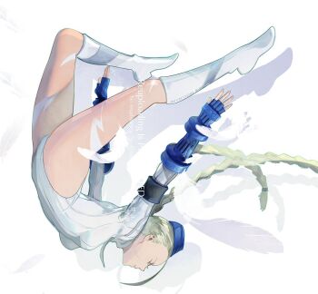1girl alternate_color armband beret bird black_armband blonde_hair blue_gloves blue_hat bodypaint boots braid breasts cammy_white closed_mouth cofffee dated fingerless_gloves full_body garrison_cap gloves hat highleg highleg_leotard leotard long_hair medium_breasts ribbed_leotard solo street_fighter street_fighter_ii_(series) thighs twin_braids twitter_username white_background white_boots white_leotard