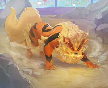 Rule 34 | arcanine, arena, breath weapon, breathing fire, fire, gen 1 pokemon, highres, indoors, nintendo, no humans, on ground, open mouth, pokemon, pokemon (creature), raylak m, rock, solo
