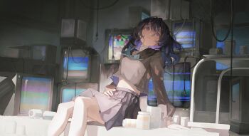 1girl akat88638653 arm_support bandaged_head bandaged_neck bandages blue_eyes blue_hair blue_necktie bottle crossed_legs crt drugs highres indoors juusan_kihei_bouei_ken long_sleeves looking_up medicine midriff midriff_peek neckerchief necktie pill pill_bottle sailor_collar school_uniform serafuku shinonome_ryouko_(juusan_kihei_bouei_ken) sitting solo static television