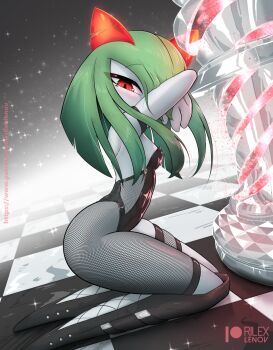 Rule 34 | 1girl, artist name, black leotard, checkered floor, chess piece, colored skin, covering face, gen 3 pokemon, green hair, highres, horns, kirlia, kneeling, leotard, looking at viewer, nintendo, patreon username, pokemon, pokemon (creature), red eyes, rilex lenov, sidelocks, sparkle, white skin
