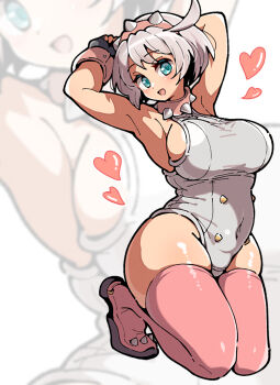 1girl :d arms_behind_head blue_eyes boots breasts choppy_bangs elphelt_valentine full_body grey_hair grey_leotard guilty_gear guilty_gear_strive hairband heart highres itsuka_neru jacket kneeling large_breasts leotard looking_at_viewer open_clothes open_jacket open_mouth pink_boots pink_hairband pink_jacket short_hair skindentation smile spiked_hairband spikes thick_thighs thigh_boots thighs white_background zoom_layer