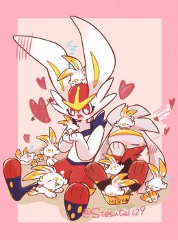 alternate_color blush cinderace closed_eyes evolutionary_line furry gen_8_pokemon gokuaku_rabbit heart highres holding looking_down nintendo open_mouth pokemon pokemon_(creature) raboot red_eyes scorbunny shiny_pokemon sitting sleeping twitter_username zzz
