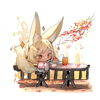 +_+ 1girl absurdres animal_ear_fluff animal_ears autumn_leaves barefoot bendy_straw blonde_hair branch chibi commentary_request cup day drink drinking_glass drinking_straw fennec_fox_girl_(yuuji_(yukimimi)) food fox_ears fox_girl fox_tail highres holding holding_plate leaf long_sleeves orange_eyes original outdoors pink_shirt plate pleated_skirt shirt short_hair sitting skirt solo sparkle table tail white_background white_skirt wide_sleeves yuuji_(yukimimi)