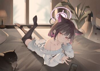 1girl absurdres alternate_costume animal animal_ears bare_shoulders black_cat black_hair black_thighhighs blue_archive cat cat_ears cat_girl closed_mouth colored_inner_hair commentary dress head_rest highres indoors kazusa_(blue_archive) looking_at_viewer lying miku_rasha multicolored_hair no_shoes off-shoulder_dress off_shoulder on_stomach pink_hair red_eyes short_hair smile solo the_pose thighhighs two-tone_hair w white_dress