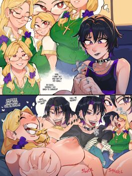 Rule 34 | 2girls, abby (diforland), absurdres, black hair, black lips, blonde hair, breasts, collar, colored inner hair, diforland, english text, female masturbation, female pubic hair, fingering, goth fashion, grabbing own breast, hair over shoulder, highres, huge breasts, imagining, inverted nipples, lydia (diforland), masturbation, multicolored hair, multiple girls, multiple piercings, original, out-of-frame censoring, piercing, pubic hair, purple hair, skull collar, speech bubble, spiked collar, spikes, thought bubble, tongue piercing, twintails, yuri