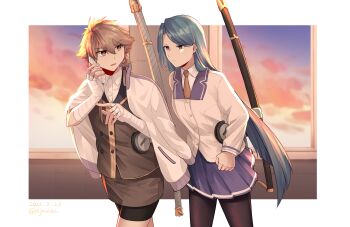 Rule 34 | 2girls, bandaged arm, bandages, black pantyhose, black shorts, blue eyes, blue hair, border, brown eyes, brown hair, brown jacket, brown skirt, cellphone, clenched hand, closed mouth, collared shirt, commentary request, cowboy shot, dated, evening, hair between eyes, highres, holding, holding phone, jacket, jacket on shoulders, jouhou, katana, long hair, long sleeves, looking at another, multiple girls, necktie, open mouth, orange necktie, origami family's elite guard uniform, outside border, pantyhose, phone, pleated skirt, purple sailor collar, purple skirt, renpu girls school uniform, sailor collar, school uniform, sheath, sheathed, shidou maki (toji no miko), shirt, short hair, shorts, shorts under skirt, skirt, smartphone, standing, striped clothes, striped shirt, sword, toji no miko, twitter username, very long hair, walking, watanuki kazumi, weapon, white border, white jacket, white shirt, winter uniform