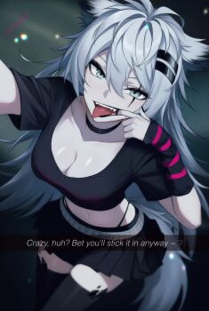 1girl animal_ear_fluff animal_ears arknights arm_warmers belt black_choker black_lips black_nails black_shirt black_skirt black_thighhighs breasts caption choker collarbone commentary dark_background english_commentary english_text finger_in_own_mouth grey_belt grey_eyes grey_hair hair_ornament hairclip highres konekogou lappland_(arknights) lipstick long_hair looking_at_viewer makeup mascara material_growth messy_hair nail_polish open_mouth oripathy_lesion_(arknights) parallel_hairclips pleated_skirt scar scar_across_eye scar_on_face selfie sharp_teeth shirt skirt stomach striped_arm_warmers tail teeth thighhighs tongue tongue_out twitter_username very_long_hair wolf_ears wolf_girl wolf_tail