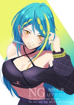 1girl absurdres aotsuki_remia aqua_hair black_bustier blue_hair braid braided_bangs bustier chest_strap closed_mouth green_streaks hair_between_eyes highres long_hair long_sleeves multicolored_hair see-through_clothes see-through_midriff shiroranpaku smile split-color_clothes streaked_hair virtual_youtuber vspo! vspo!_en