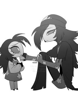 2girls absurdres aged_down beanie boots child colored_sclera commentary_request crying crying_with_eyes_open dress dual_persona eye_contact face-to-face fewer_digits from_side full-leg_boots full_body furry furry_female greyscale hand_on_another&#039;s_cheek hand_on_another&#039;s_face hat hellaverse helluva_boss high_heel_boots high_heels highres jacket knees_up layered_sleeves long_hair long_sleeves looking_at_another menma_(enaic31) monochrome multiple_girls octavia_(helluva_boss) open_clothes open_jacket owl_girl profile puffy_long_sleeves puffy_sleeves raised_inner_eyebrows sad short-sleeved_jacket short_dress short_over_long_sleeves short_sleeves signature simple_background sitting skinny sleeves_past_wrists star_(symbol) star_print tears time_paradox very_long_hair watermark white_background