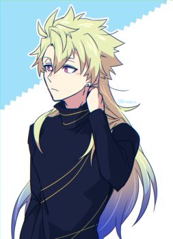 0nodera 1boy arm_behind_head black_sweater blonde_hair closed_mouth commentary_request earrings gradient_hair hair_between_eyes jewelry long_hair long_sleeves looking_ahead male_focus multicolored_hair n-innocence pink_eyes solo sweater takemikazuchi_(n-innocence) two-tone_background