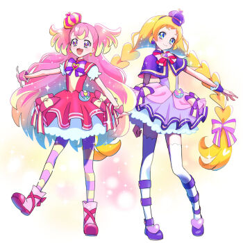 2girls :d arched_crown blonde_hair blue_eyes blush boots bow bow_earrings braid bright_pupils brooch capelet closed_mouth commentary crown cure_friendy cure_wonderful deerstalker dot_nose dress dress_bow earrings emine_mutsu footwear_bow frilled_wrist_cuffs frills full_body hairband hat hat_ornament head_tilt heart heart_brooch heart_hat_ornament inukai_iroha inukai_komugi jewelry legs_apart long_hair looking_at_viewer low-tied_long_hair low_twin_braids magical_girl mini_crown mini_hat multicolored_bow multicolored_hair multicolored_pantyhose multiple_girls open_mouth outstretched_arm pact_holder pantyhose petticoat pink_boots pink_bow pink_capelet pink_crown pink_dress pink_hair pink_pantyhose pink_wrist_cuffs pouch precure puffy_short_sleeves puffy_sleeves purple_bow purple_capelet purple_dress purple_eyes purple_hairband purple_hat purple_shoes purple_wrist_cuffs shoes short_dress short_sleeves side-by-side simple_background sleeveless sleeveless_dress smile sparkle sparkle_background standing standing_on_one_leg streaked_hair striped_bow striped_clothes striped_pantyhose thighhighs tilted_headwear twin_braids two-tone_hair two-tone_pantyhose two_side_up very_long_hair white_background white_thighhighs wonderful_pact wonderful_precure! wrist_cuffs yellow_pantyhose yellow_pupils zettai_ryouiki