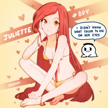 anklet artist_name artist_self-insert barefoot bikini bracelet breasts character_name character_request closed_mouth copyright_request english_text feet front-tie_bikini_top front-tie_top halterneck head_rest heart indian_style jewelry long_hair looking_at_viewer navel_peek orange_background orange_bikini orange_eyes red_hair side-tie_bikini_bottom sitting small_breasts smile speech_bubble srgrafo straight_hair swimsuit toenails very_long_hair