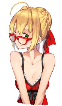 Rule 34 | 1girl, absurdres, ahoge, bare shoulders, blonde hair, braid, breasts, cleavage, collarbone, dress, fate/extra, fate (series), glasses, green eyes, hair intakes, highres, kei (soundcross), large breasts, looking at viewer, nero claudius (fate), nero claudius (modern costume of crimson) (fate), red dress, smile, solo