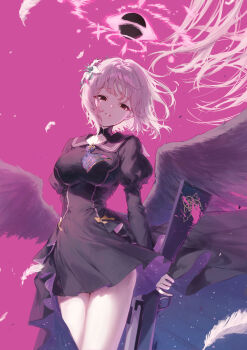 1girl absurdres alternate_costume alternate_hair_length alternate_hairstyle black_dress black_hole black_wings blood blood_on_gun blue_archive breasts brown_eyes commentary_request cutting_hair dark_persona dress empty_eyes eshineko feathered_wings floating_hair flower gun hair_flower hair_ornament hair_spread_out halo highres holding holding_gun holding_weapon lanchester_smg large_breasts low_wings mika_(blue_archive) pink_hair pink_halo severed_hair short_hair simple_background submachine_gun teeth thighs trinity_general_school_logo weapon white_flower wings