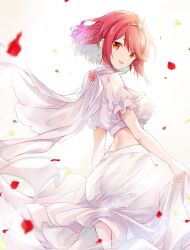 Rule 34 | 1girl, alternate costume, ass, bob cut, breasts, commentary request, earrings, falling petals, highres, jewelry, large breasts, looking at viewer, looking back, midriff, petals, pyra (xenoblade), red eyes, red hair, shirt, short hair, simple background, skirt, skirt hold, smile, solo, swept bangs, tiara, ui frara, white background, white shirt, white skirt, xenoblade chronicles (series), xenoblade chronicles 2