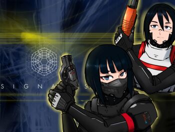 2girls android armor black_hair blue_eyes blue_hair bullpup commentary copyright_name counter-strike counter-strike_(series) diooksan ein-12_flechette elster_(signalis) english_commentary eu-k508_s_einhorn finger_on_trigger gun handgun highres holding holding_gun holding_weapon looking_at_viewer low_bore_axis_revolver mask mouth_mask multiple_girls parody pauldrons pump_action revolver robot_girl short_hair shotgun shoulder_armor signalis snubnosed_revolver storch_(signalis) weapon