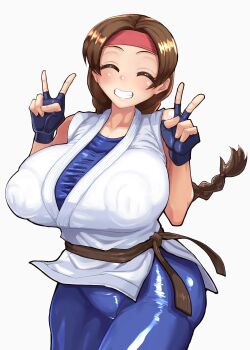 1girl braid braided_ponytail breasts brown_eyes brown_hair castro__503 castro__503(artist) closed_eyes curvy dougi female_focus gloves hairband hands_up huge_breasts karate_gi kasutoro_(castroll) large_breasts leggings long_hair pale_skin pants ponytail shiny_clothes smile smiley_face spandex standing the_king_of_fighters thick_thighs thighs wide_hips yoga_pants yuri_sakazaki