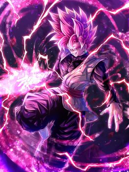 1boy arm_blade aura black_pants black_shirt boots cowboy_shot dougi dragon_ball dragon_ball_super electricity energy_blade goku_black grey_eyes grey_tunic highres male_focus medium_hair neophyte_illust pants pink_hair red_sash sash shirt solo spiked_hair tunic weapon white_boots