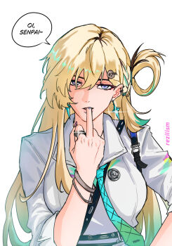 1girl artist_name blonde_hair blue_eyes breasts collared_shirt commentary earrings english_commentary finger_sucking fingernails hair_between_eyes hair_ornament highres jewelry large_breasts long_hair looking_at_viewer lynae_(wuthering_waves) middle_finger multicolored_hair pink_nails rezilism ring shirt shirt_tucked_in simple_background skull_hair_ornament solo star_(symbol) star_earrings streaked_hair upper_body white_background white_shirt wuthering_waves