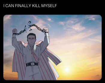 Rule 34 | 1boy, arms up, belt, black belt, black eyes, black hair, broken, broken chain, chain, chains of others (e.g.o), clenched hands, cloud, coat, coat on shoulders, collared shirt, commentary, cowboy shot, cuffs, e.g.o (project moon), english commentary, facing viewer, hair slicked back, half-closed eyes, handcuffs, highres, jitome, limbus company, looking at viewer, male focus, man breaking chains (meme), meme, meursault (project moon), pants, project moon, shirt, sky, solo, striped coat, sunset, twitter, wenli, white coat, white pants, white shirt