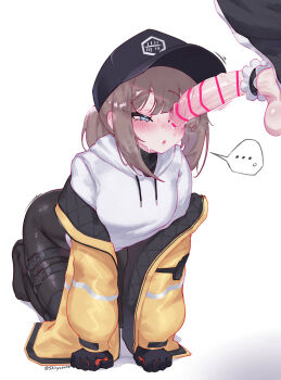 Rule 34 | ..., 1boy, 1girl, absurdres, all fours, bent over, black gloves, black hat, black pants, blue eyes, blush, breasts, brown hair, censored, clothes pull, commentary, commission, dima (girls' frontline), english commentary, from above, full body, girls' frontline, gloves, hair between eyes, half-closed eyes, hat, highres, hood, hoodie, jacket, jacket pull, kneeling, large penis, leaning forward, long hair, medium breasts, medium hair, off shoulder, open clothes, open jacket, pants, penis, penis awe, ponytail, shinyozura, solo focus, white hoodie, yellow jacket