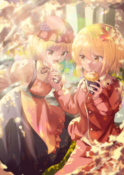 Rule 34 | 2girls, absurdres, aki minoriko, aki shizuha, apron, black skirt, blonde hair, commentary request, eating, food, grape hat ornament, hat, highres, holding, holding food, multiple girls, red apron, red hat, red shirt, red skirt, shirt, short hair, skirt, smile, sweet potato, touhou, uruna00, yellow shirt