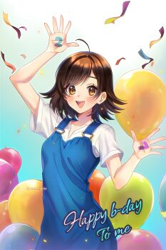 1girl :d absurdres ahoge aqua_background arm_up artist_name artist_self-insert balloon blue_dress breasts brown_hair character_age chromatic_aberration collarbone commentary confetti dress english_commentary flipped_hair gradient_background hair_behind_ear hair_intakes hand_up happy_birthday highres looking_at_viewer medium_hair mole mole_under_eye naochiarts open_mouth orange_eyes original shirt short_sleeves simple_background small_breasts smile solo teeth tongue upper_body upper_teeth_only white_background white_shirt