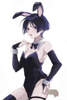 1boy alternate_costume animal_ear_hairband animal_ears arm_at_side black_bow black_bowtie black_bridal_gauntlets black_hair black_hairband black_leotard black_thighhighs blunt_ends blush bow bowtie bridal_gauntlets bright_pupils bulge collar colored_inner_hair covered_navel detached_collar ego_(ego_inp) embarrassed eyelashes eyeliner eyeshadow fake_animal_ears fake_tail genshin_impact gold_ring grey_hair groin hair_intakes hairband hand_on_own_hip hand_up highleg highleg_leotard highres holding leotard looking_at_viewer makeup male_focus male_playboy_bunny middle_ring multicolored_hair pectorals purple_eyes purple_hair rabbit_ears rabbit_tail red_eyeliner red_eyeshadow scaramouche_(genshin_impact) sketch solo strapless strapless_leotard tail thigh_strap thighhighs tsurime white_background white_collar white_pupils white_wrist_cuffs wispy_bangs wrist_cuffs