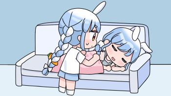 2girls animal_ears apron blue_hair blue_shorts blush_stickers bow braid brown_shirt carrot_hair_ornament chibi closed_eyes closed_mouth couch covering_with_blanket ears_down food-themed_hair_ornament grey_apron hair_bow hair_ornament highres hololive indoors long_hair mochimiko mother_and_daughter multicolored_hair multiple_girls on_couch pekomama rabbit_ears red_eyes shirt short_eyebrows short_sleeves shorts sleeping small_sweatdrop socks standing sweat thick_eyebrows twin_braids twintails two-tone_hair usada_pekora very_long_hair virtual_youtuber white_bow white_hair white_shirt white_socks