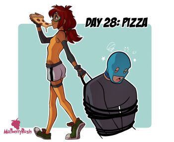 1boy 1girl artist_name balaclava bare_shoulders bdsm black_gloves blue_background border bound breasts commentary dark-skinned_female dark_skin eating english_commentary fingerless_gloves food full_body gloves goggles grey_shorts highleg highleg_leotard highres kinktober leotard long_hair low_ponytail malberrybush malyna_(malberrybush) original outline pizza pizza_slice ponytail pulling red_hair restrained shoes short_shorts shorts simple_background small_breasts smile squeans thighhighs tied_up_(nonsexual) unconscious walking white_border white_outline yellow_leotard yellow_thighhighs
