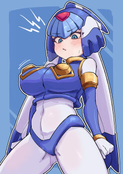 1girl absurdres armor blue_armor blue_background blue_eyes blue_helmet blush breasts buzzlyears commentary cowboy_shot english_commentary fairy_leviathan_(mega_man) forehead_jewel helmet highres large_breasts looking_down mega_man_(series) mega_man_zero_(series) pussy_juice simple_background solo