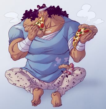 1boy 1girl absurdres animal_ears bandages bartholomew_kuma bear_ears black_hair commentary dark-skinned_male dark_skin eating english_commentary father_and_daughter food full_body glasses highres holding holding_food holding_pizza jewelry_bonney long_hair one_piece pants pink_hair pink_shorts pizza pizza_slice shirt shorts simple_background starbab00 tall_male white_shirt