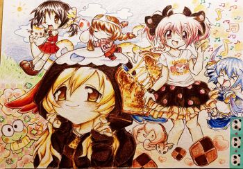 1boy 6+girls cat charlotte_(madoka_magica) charlotte_(madoka_magica)_(cosplay) child cloud cloudy_sky commentary cosplay egg english_commentary ghost grass hasunoue_keroppi highres kaai_yuki kaname_madoka kero_kero_keroppi lennardo_(grim_the_end) madotsuki mahou_shoujo_madoka_magica mahou_shoujo_madoka_magica_(anime) megurine_luka miki_sayaka miki_sayaka_(magical_girl) multiple_girls musical_note panda sanrio sky sun sword takoluka tomoe_mami traditional_media triangular_headpiece vocaloid weapon yume_nikki