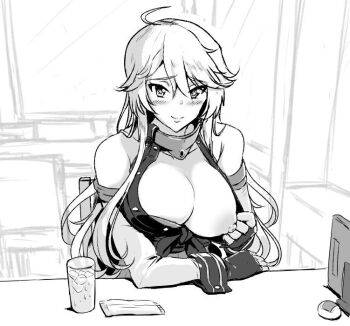1girl bare_shoulders blush breasts chair clothes_pull detached_sleeves drink female_focus fingerless_gloves flashing gloves greyscale guhanshounen hair_between_eyes iowa_(kancolle) kantai_collection large_breasts long_hair looking_at_viewer monochrome nipples one_breast_out oppai_challenge presenting_breasts pulling_own_clothes sitting smile solo table wrist_cuffs