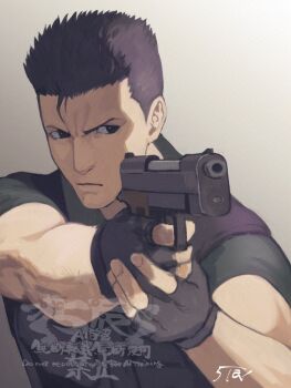 1boy 5tatsu artist_name black_gloves black_hair black_shirt bulletproof_vest chris_redfield closed_mouth commentary_request finger_on_trigger fingerless_gloves frown furrowed_brow gloves grey_background gun handgun holding holding_gun holding_weapon male_focus resident_evil resident_evil_-_code:_veronica shirt short_hair short_sleeves solo upper_body weapon