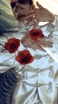 Rule 34 | 1boy, black hair, clenched teeth, duke kleist, facial hair, flower, forehead protector, goatee, golden kamuy, hand on own chest, highres, jacket, long sleeves, male focus, mustache, open mouth, red flower, scar, scar on face, short hair, solo, teeth, tsurumi tokushirou, upper body, veins