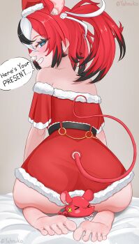 1girl absurdres animal_ears ass bare_shoulders barefoot belt black_belt blue_eyes blush christmas commentary dice_hair_ornament english_commentary fake_facial_hair fake_mustache feet from_behind grin hair_ornament hakos_baelz hat highres hololive hololive_english huge_ass kneeling looking_at_viewer mouse_(animal) mouse_ears mouse_girl mouse_tail multicolored_hair neck red_hair santa_costume santa_hat seductive_smile seiza sharp_teeth simple_background sitting sitting_on_animal smile solo speech_bubble streaked_hair tail teeth watermark yahnuko