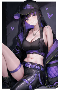 1girl absurdres asymmetrical_clothes baseball_cap belt black_hair blunt_bangs breasts cleavage colored_inner_hair commentary_request crop_top hat highres jacket large_breasts long_hair looking_at_viewer midriff mochitsuki_karen multicolored_hair navel open_clothes open_jacket original purple_belt purple_eyes purple_hair single_pantsleg sitting solo thigh_strap two-tone_hair